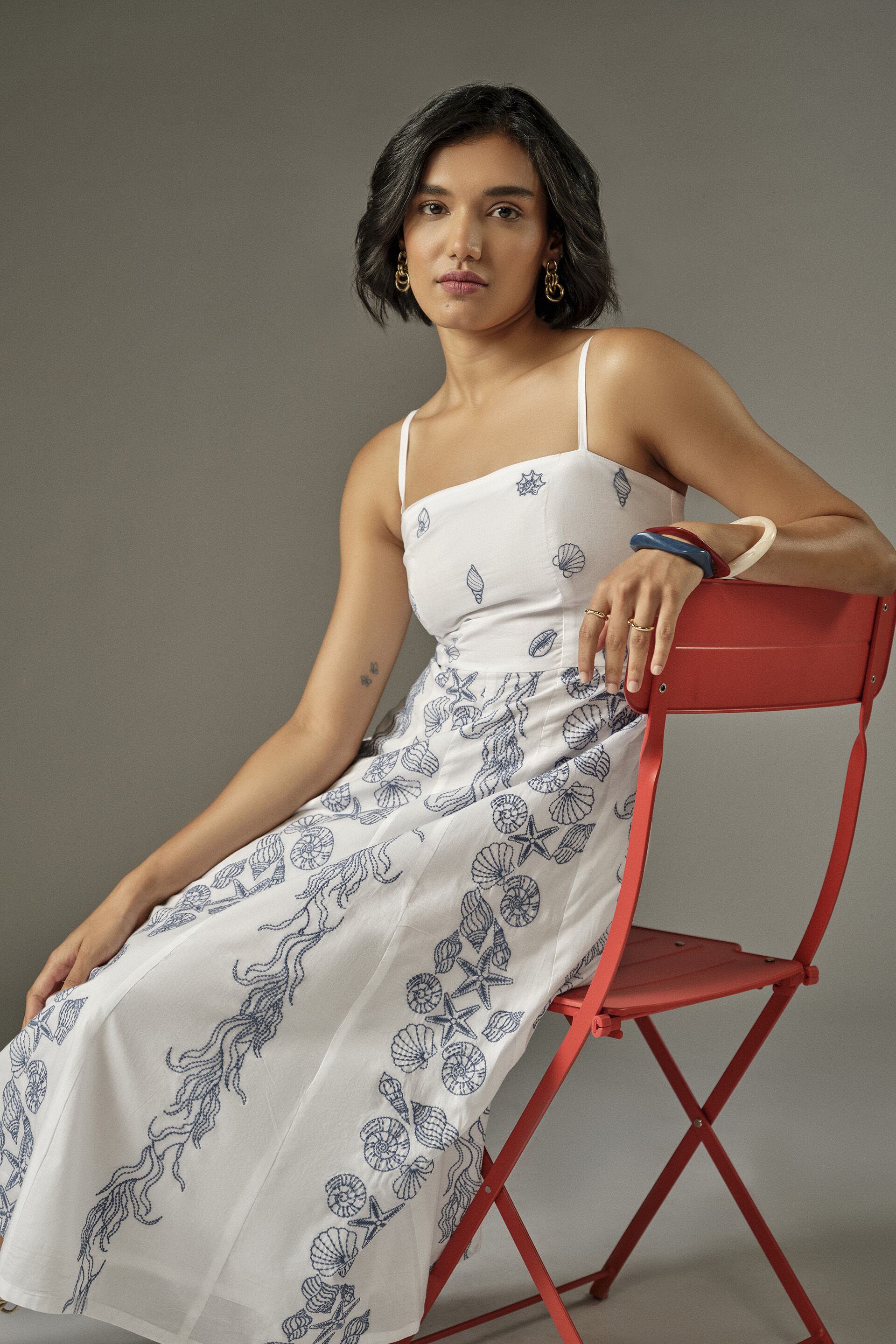Bandeau Embroidered Cotton Summer Dress in White, White, image 4
